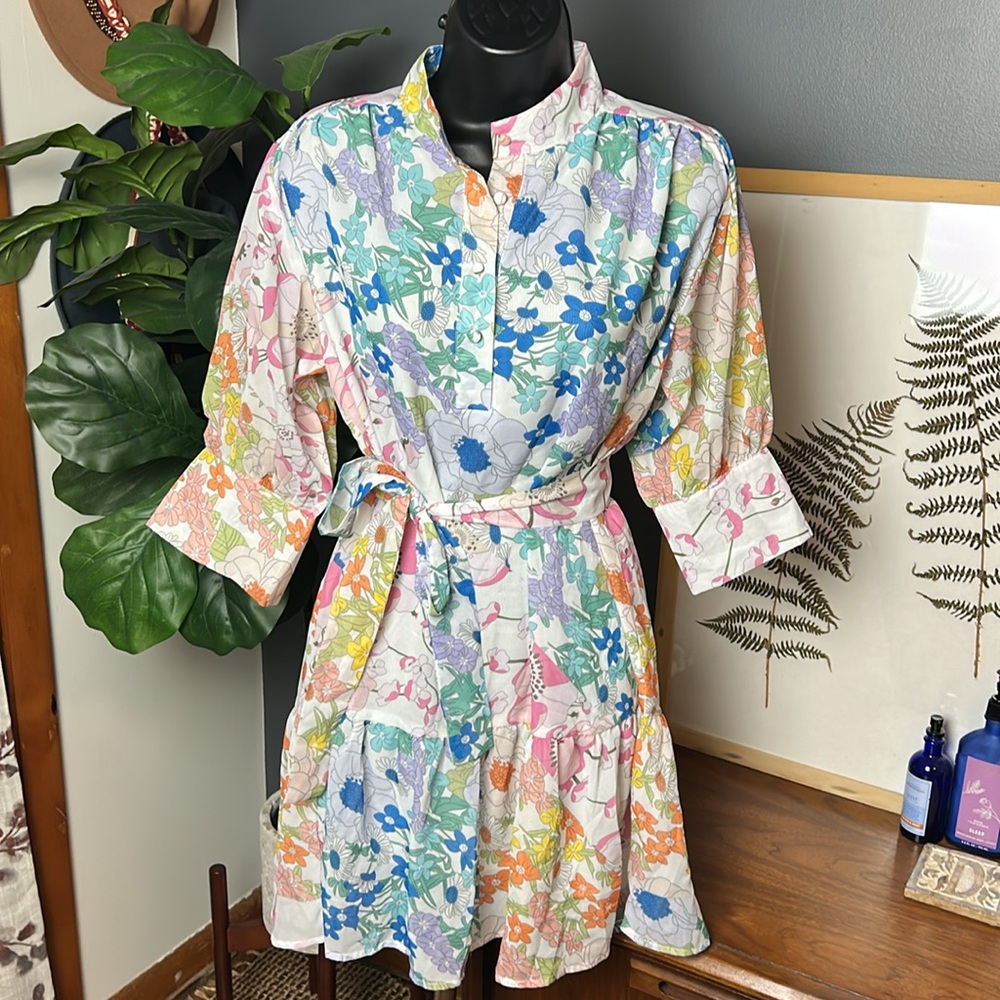 Floral Multicolor Mini Dress with belt oversized - Picture 4 of 6
